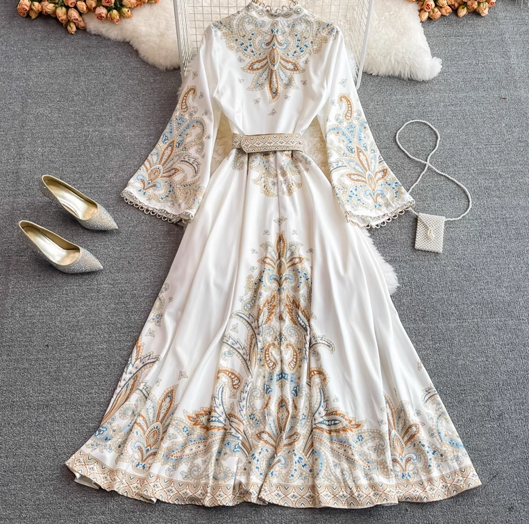 New style palace style retro print long sleeve waist long skirt single breasted stand collar dress R0322