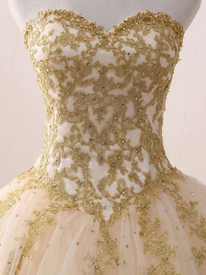 Champagne Sweetheart Neck Tulle Long Prom Gown, Champagne Sweet 16 Dresses