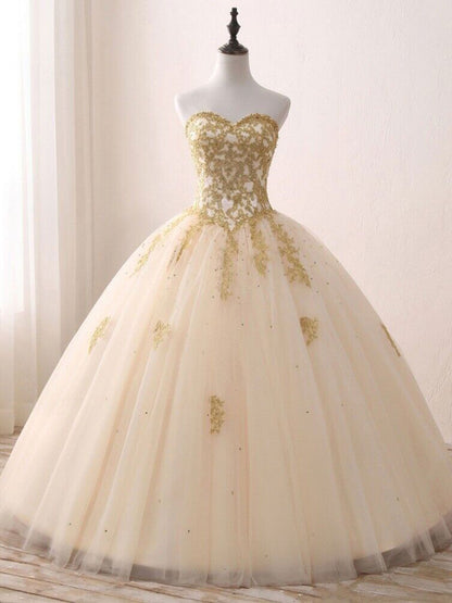 Champagne Sweetheart Neck Tulle Long Prom Gown, Champagne Sweet 16 Dresses