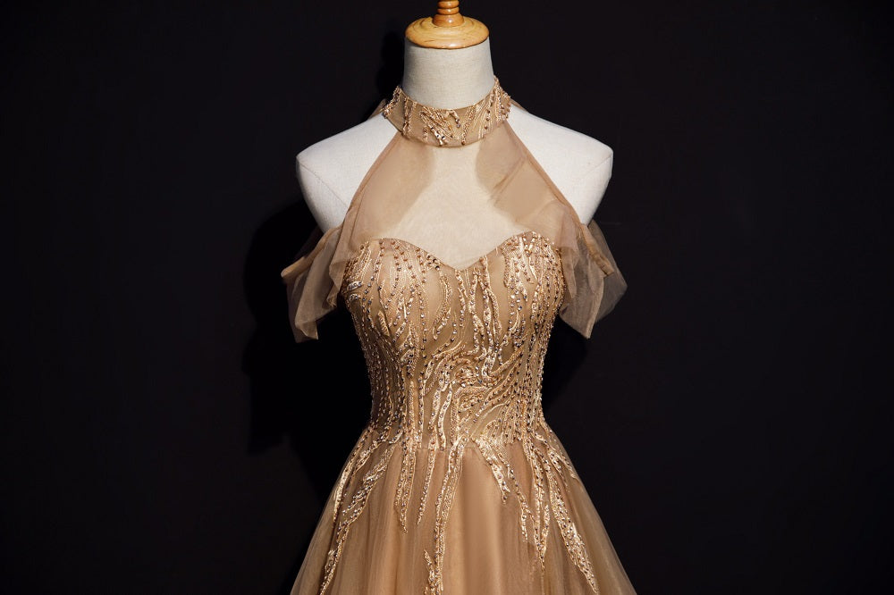 Champagne Tulle Halter Long Prom Dresses, A-Line Prom Gowns
