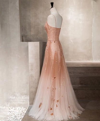 Charming Pink Tulle Straps Long Beaded Prom Gowns, Straps Long Prom Dresses