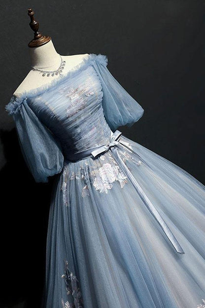 Charming Tulle Puffy Sleeves Long Prom Gowns, Prom Dresses