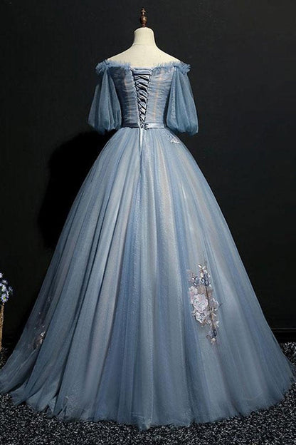 Charming Tulle Puffy Sleeves Long Prom Gowns, Prom Dresses