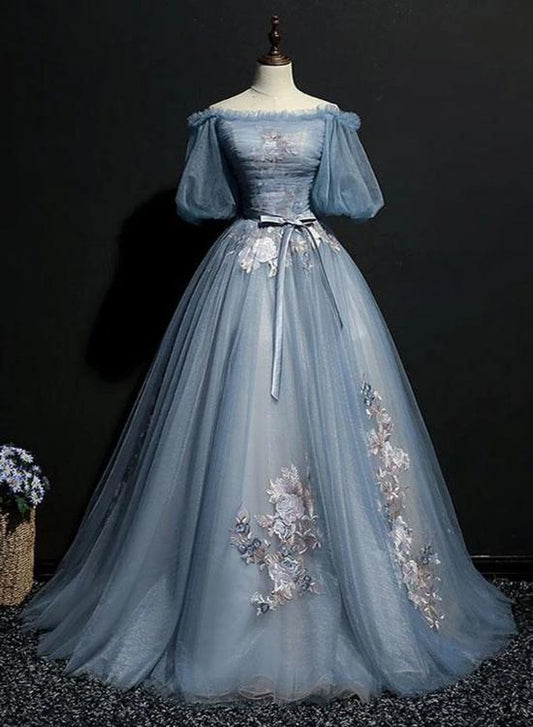 Charming Tulle Puffy Sleeves Long Prom Gowns, Prom Dresses
