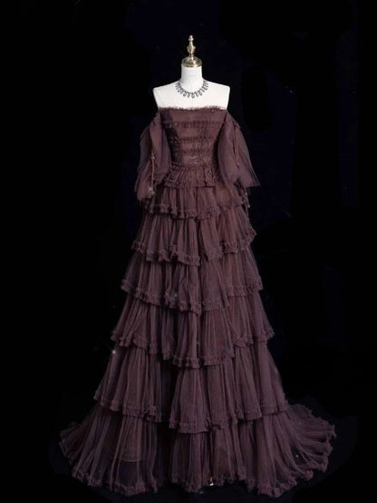 Chic Ball Gowns Off The Shoulder Long Sleeves Prom Dress Tulle Long Prom Dresses