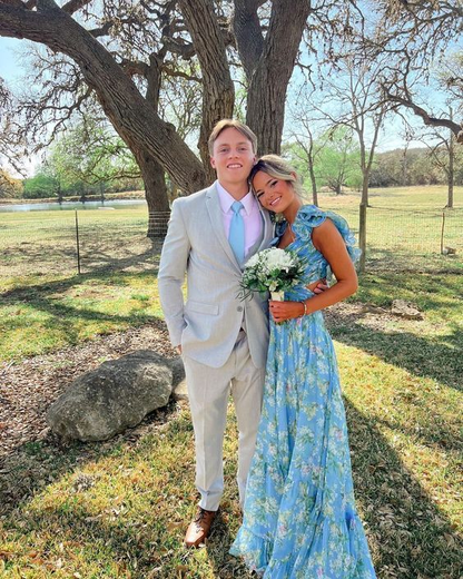 Blue Elegant Chiffon Floral Long Prom Dress Prom Gowns Garden Prom Dresses