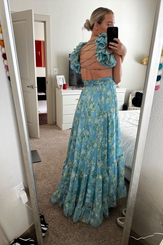 Blue Elegant Chiffon Floral Long Prom Dress Prom Gowns Garden Prom Dresses