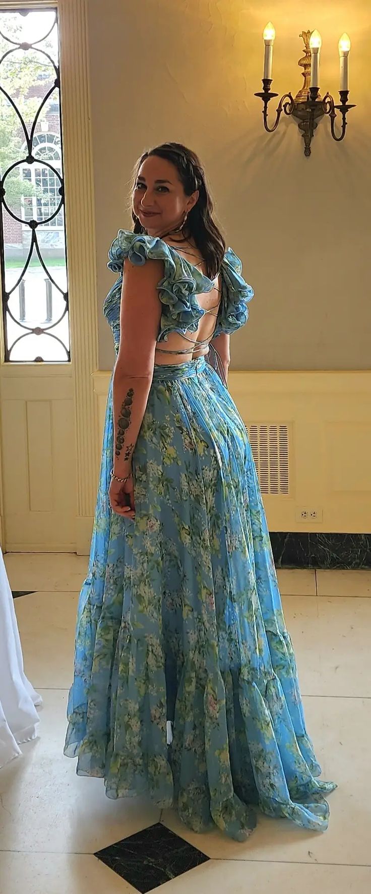 Blue Elegant Chiffon Floral Long Prom Dress Prom Gowns Garden Prom Dresses