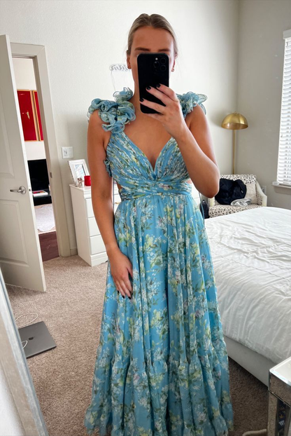 Blue Elegant Chiffon Floral Long Prom Dress Prom Gowns Garden Prom Dresses