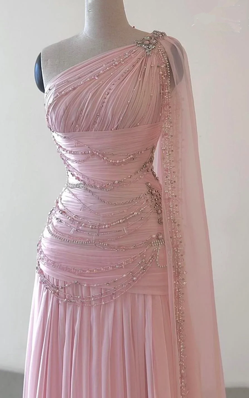 Classy A Line One Shoulder Pink Chiffon Prom Gowns Prom Dresses