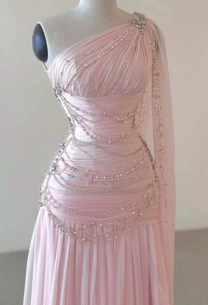 Classy A Line One Shoulder Pink Chiffon Prom Gowns Prom Dresses