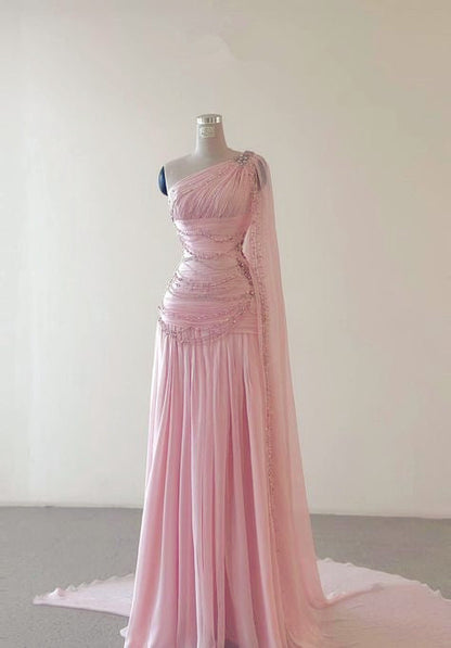 Classy A Line One Shoulder Pink Chiffon Prom Gowns Prom Dresses