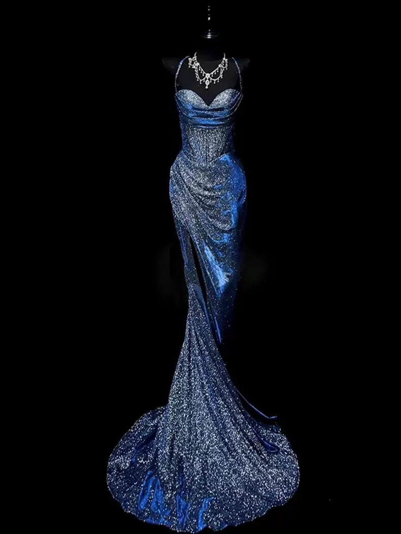 Classy Mermaid Spaghetti Straps Navy Blue Sequin Long Prom Gown Prom Dresses