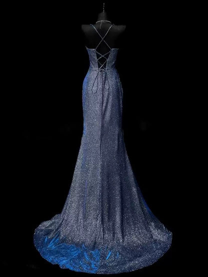 Classy Mermaid Spaghetti Straps Navy Blue Sequin Long Prom Gown Prom Dresses