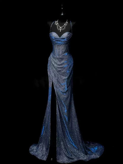 Classy Mermaid Spaghetti Straps Navy Blue Sequin Long Prom Gown Prom Dresses