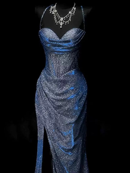 Classy Mermaid Spaghetti Straps Navy Blue Sequin Long Prom Gown Prom Dresses