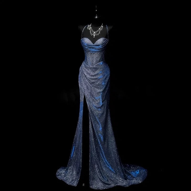 Classy Mermaid Spaghetti Straps Navy Blue Sequin Long Prom Gown Prom Dresses