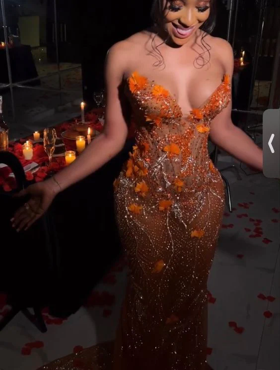 Classy Mermaid Sweetheart Orange Tulle Sequin Prom Gown Long Prom Dresses
