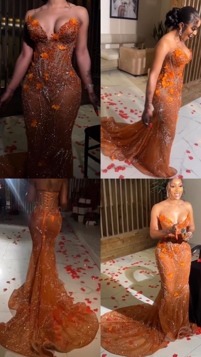 Classy Mermaid Sweetheart Orange Tulle Sequin Prom Gown Long Prom Dresses
