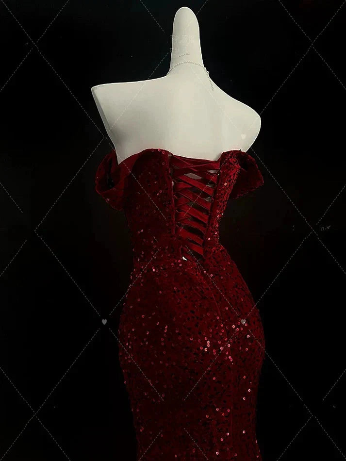 Classy Mermaid Sweetheart Red Slit Sequin Long Prom Gown Prom Dresses