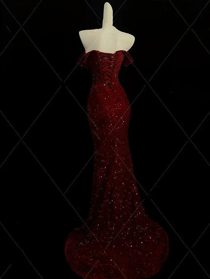 Classy Mermaid Sweetheart Red Slit Sequin Long Prom Gown Prom Dresses