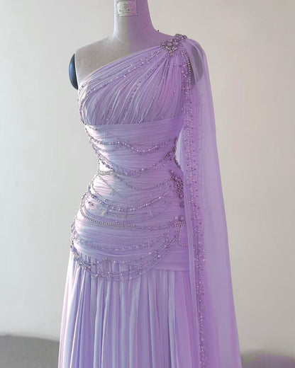 Classy Sheath One Shoulder Pink Long Chiffon Prom Gowns Prom Dresses