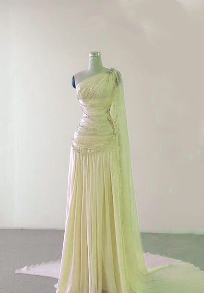 Classy Sheath One Shoulder Pink Long Chiffon Prom Gowns Prom Dresses