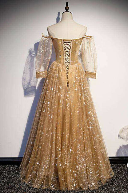 Princess Off the Shoulder Gold Star Prom Dress M986