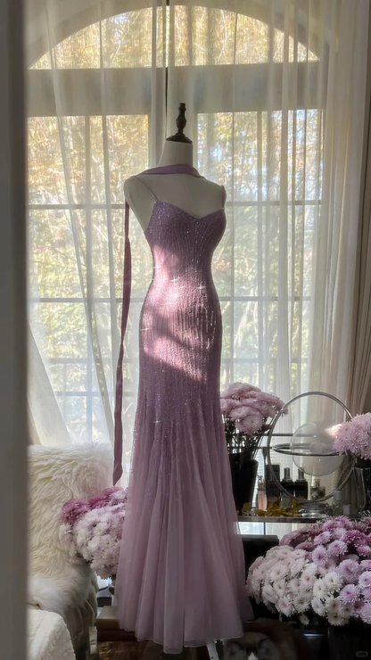 Lilac Spaghetti Straps Mermaid Beading Long Evening Dresses Birthday Outfits, D844