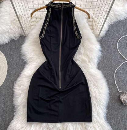 Black heavy ironing halter neck dress for women, slim fit, pure and sexy girl, short skirt R0384