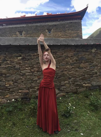 Desert outfit hot girl design one shoulder big swing red holiday dress R0251