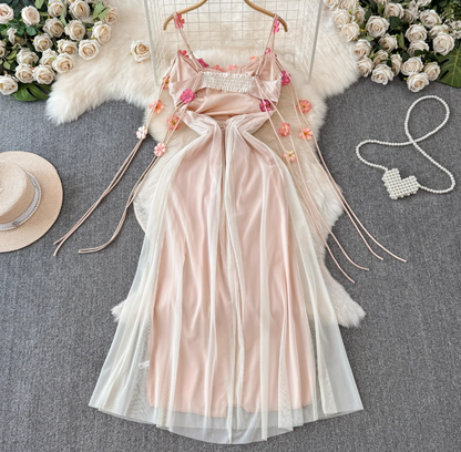 French style mesh suspender dress for women new style temperament waist slimming A-line long skirt R0373