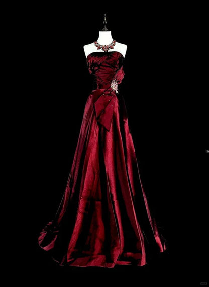 Wine Red Strapless A-Line Satin Long Prom Dress Vintage Evening Dresses, D894