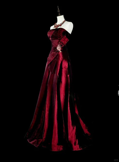 Wine Red Strapless A-Line Satin Long Prom Dress Vintage Evening Dresses, D894