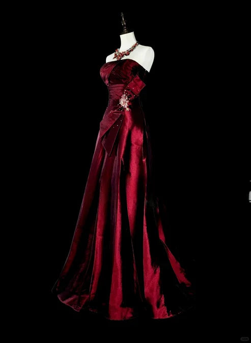 Wine Red Strapless A-Line Satin Long Prom Dress Vintage Evening Dresses, D894