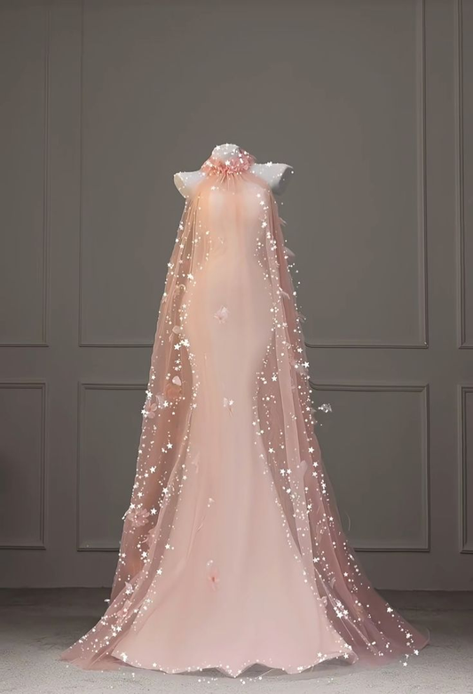 Pink Halter Neck Mermaid Tulle Pretty Long Evening Party Dress Birthday Outfits, D1002