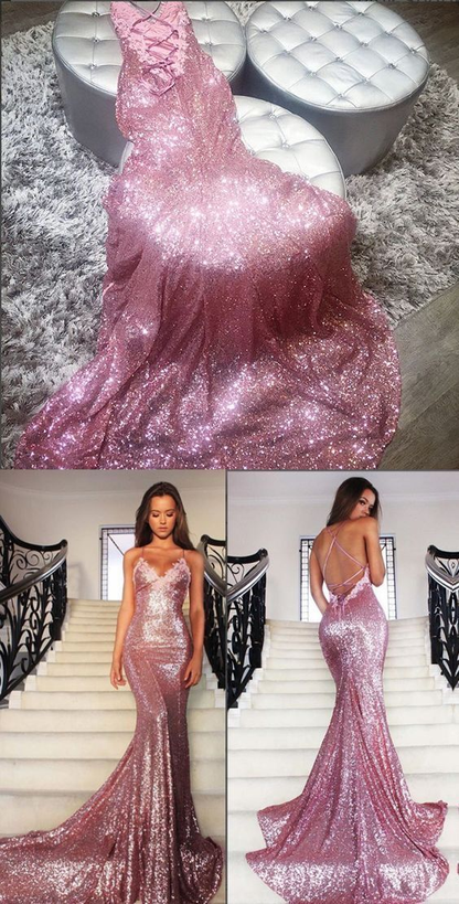 Shiny Pink Mermaid Sequins Backless Long Evening Party Dress Birthday Outfits, D1013