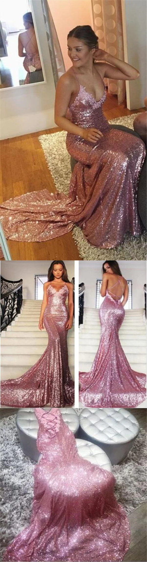 Shiny Pink Mermaid Sequins Backless Long Evening Party Dress Birthday Outfits, D1013