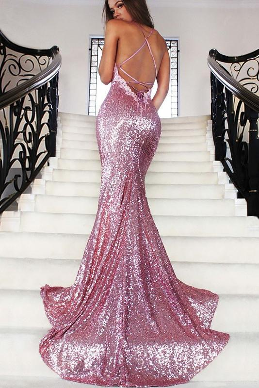 Shiny Pink Mermaid Sequins Backless Long Evening Party Dress Birthday Outfits, D1013