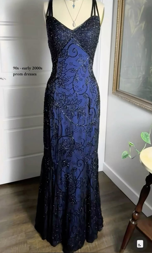 Royal Blue Straps Mermaid Chiffon Vintage Long Party Dresses Evening Dresses, D1024