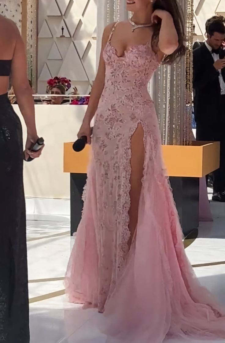 Elegant Pink Straps Sheath Tulle Split Long Formal Evening Dresses Party Drersses, D1034