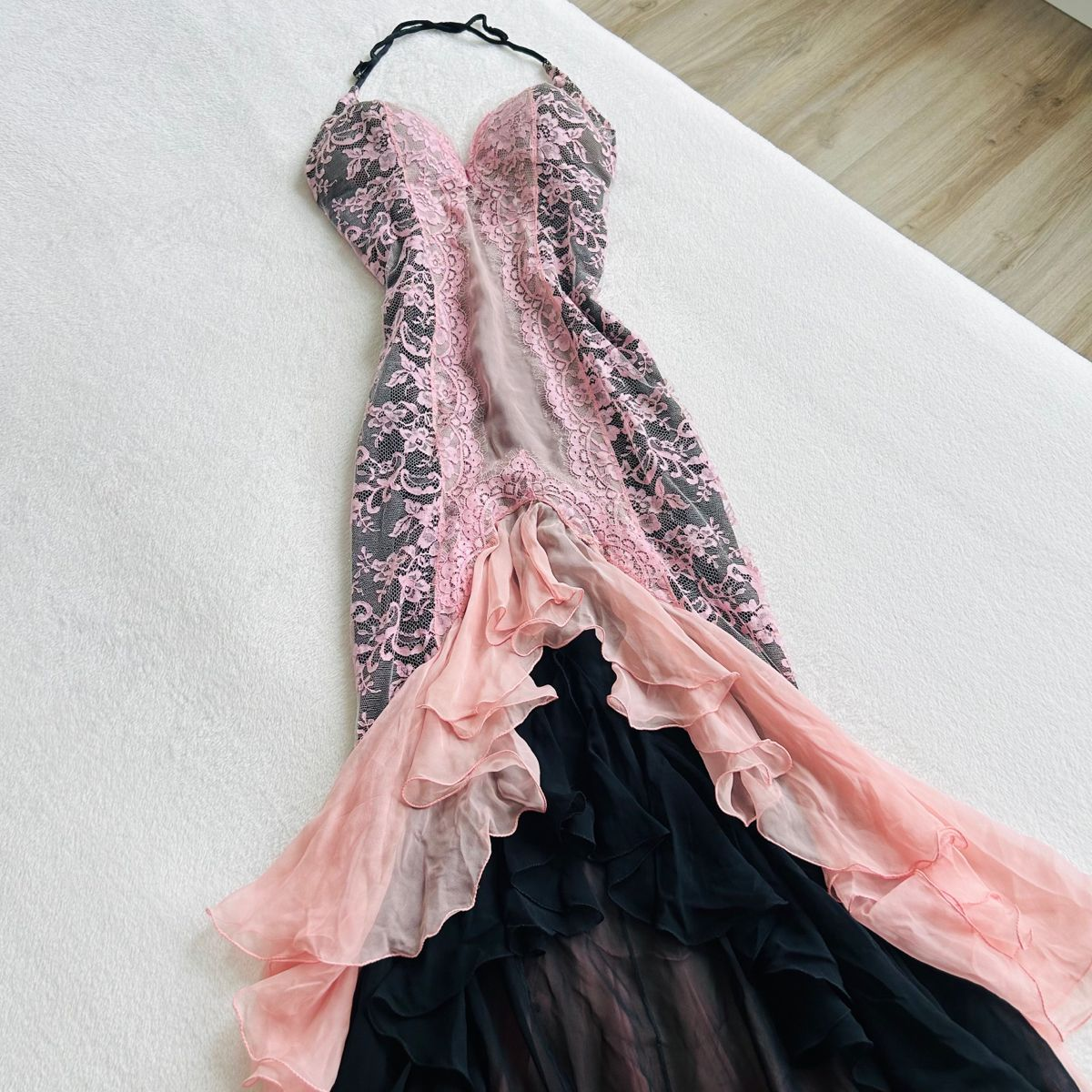 Pink Halter Neck Mermaid Lace Chiffon Vintage Long Evening Party Dresses, D1049
