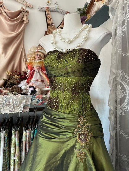 Green Strapless A-Line Lace Satin Vintage Long Evening Party Dresses, D1053