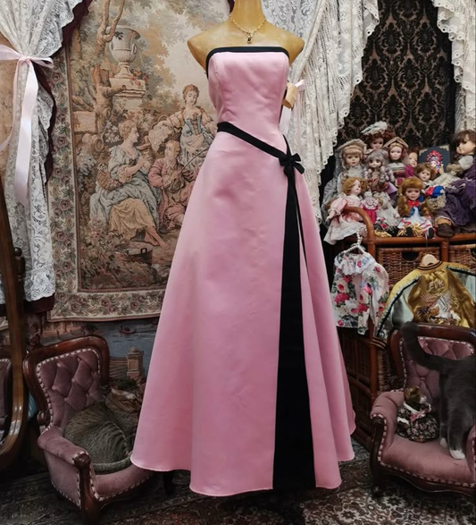 Pink Strapless A-Line Satin Vintage Long Formal Evening Party Dresses, D1058
