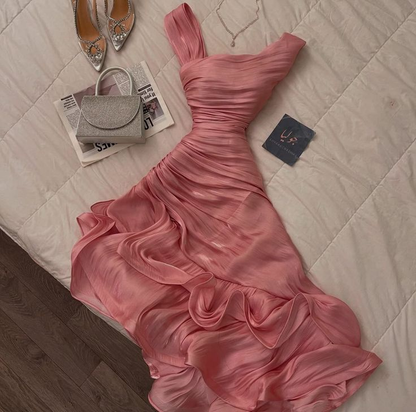 Pink Sleeveless A-Line Chiffon Long Party Dresses Wedding Guest Dresses, D1125