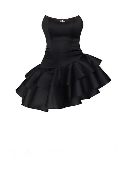 Black Strapless A-Line Satin Ruffles Homecoming Dresses Short Party Dresses, D1133