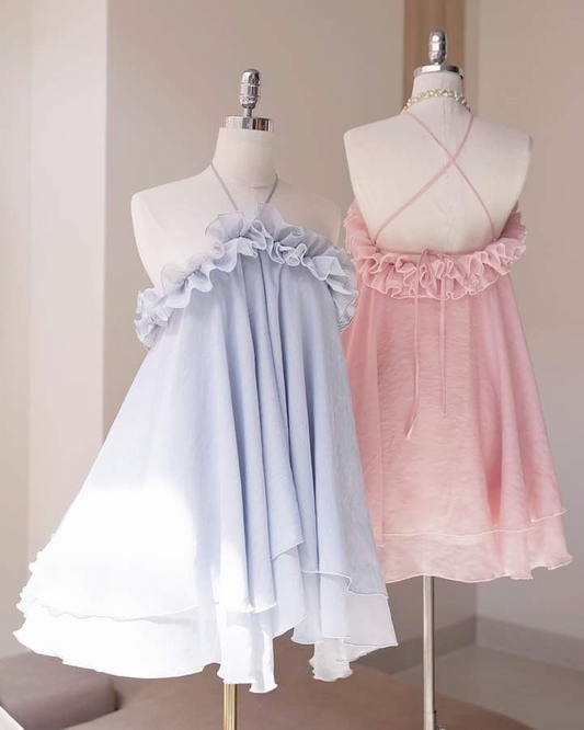 Light Blue Halter A-Line Chiffon Short Party Dresses Fashion Summer Dresses, D1135