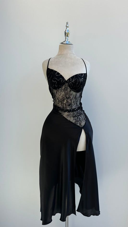 Sexy Black Straps Lace Split Long Evening Dresses Birthday Party Dresses, D1199