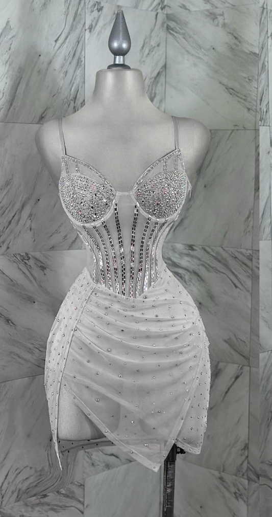 Sexy White Spaghetti Straps Sheath Beaded Short Party Dress Birthday Outfits, D1202