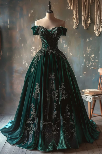Elegant Green Off Shoulder A-Line Velvet Beaded Retro Evening Ball Gowns, D1204